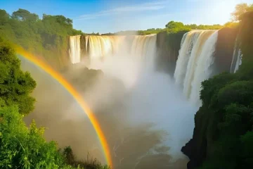 Cachoeira majestosa com arco-íris vibrante. Natureza exuberante, água corrente e paisagem deslumbrante. Viagem e aventura.