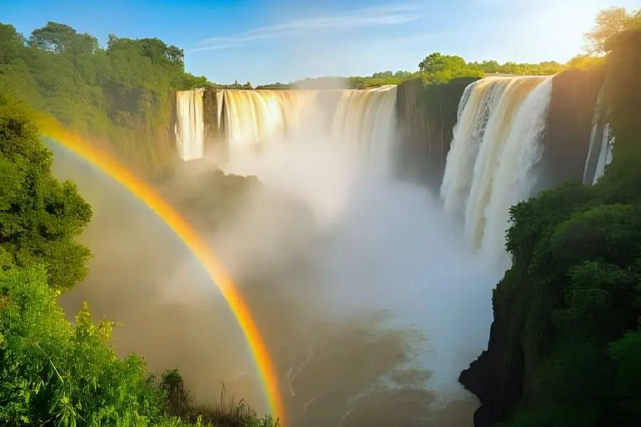 Cachoeira majestosa com arco-íris vibrante. Natureza exuberante, água corrente e paisagem deslumbrante. Viagem e aventura.