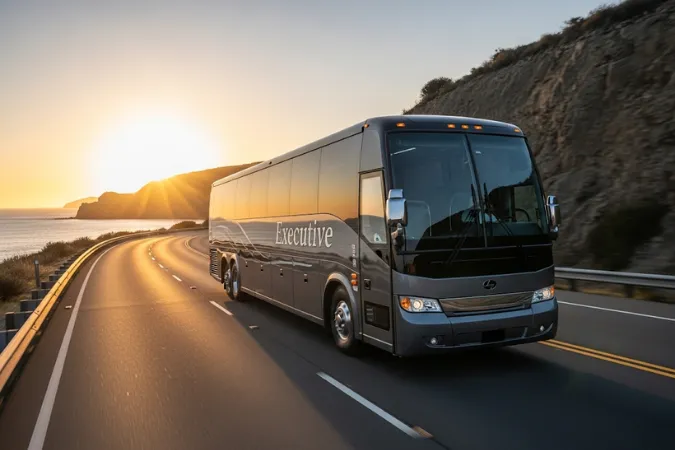 Ônibus leito Executive na estrada ao pôr do sol. Viagem de ônibus confortável e segura.