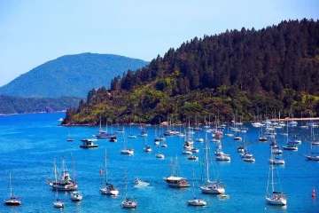 Praia do Lázaro, Ubatuba: paraíso tropical com barcos, mar azul e montanhas exuberantes. Lazer e família.
