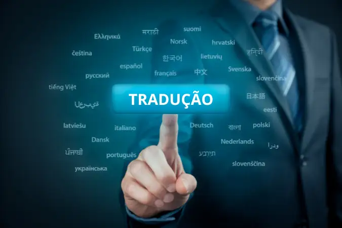 Apps de tradução: homem toca botão Tradução com idiomas.