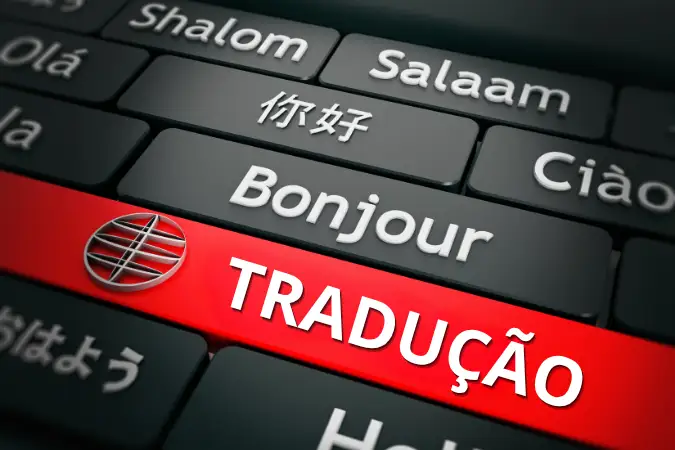 Teclado com saudações em várias linguagens e a palavra "tradução" em evidência.