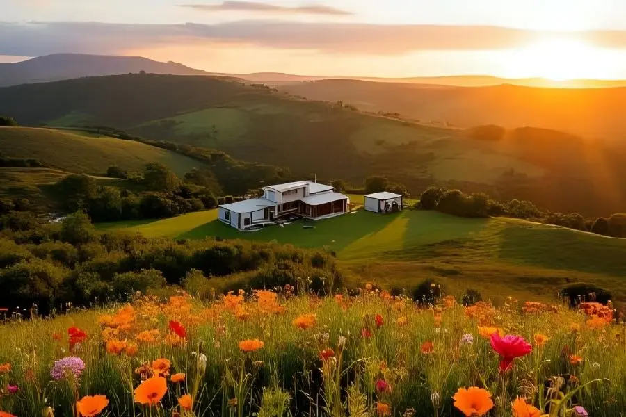 Hotel Fazenda Vale das Grutas: Aventura e natureza. Campo florido, montanhas e casa ao pôr do sol.